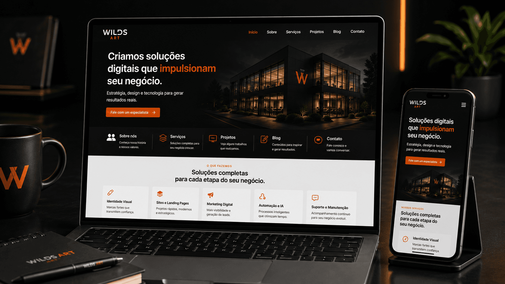 Site empresarial com páginas de serviços, sobre, projetos, blog e contato.
