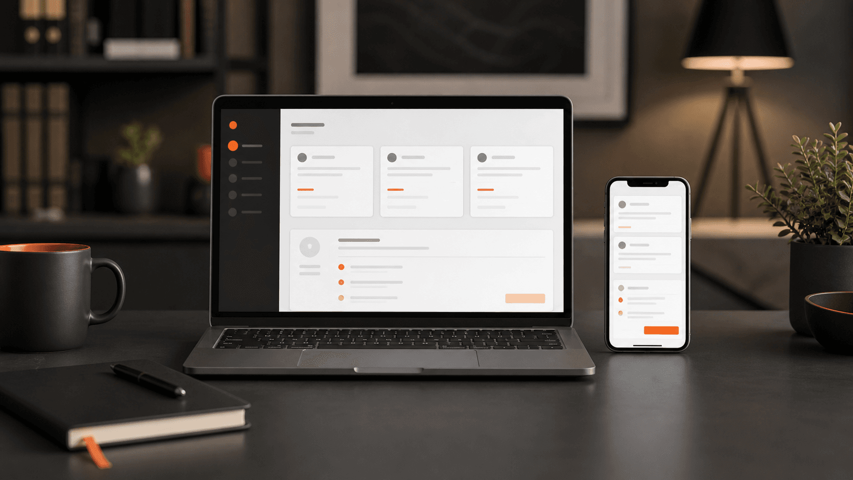 CRM simples e responsivo sendo utilizado em notebook e smartphone.