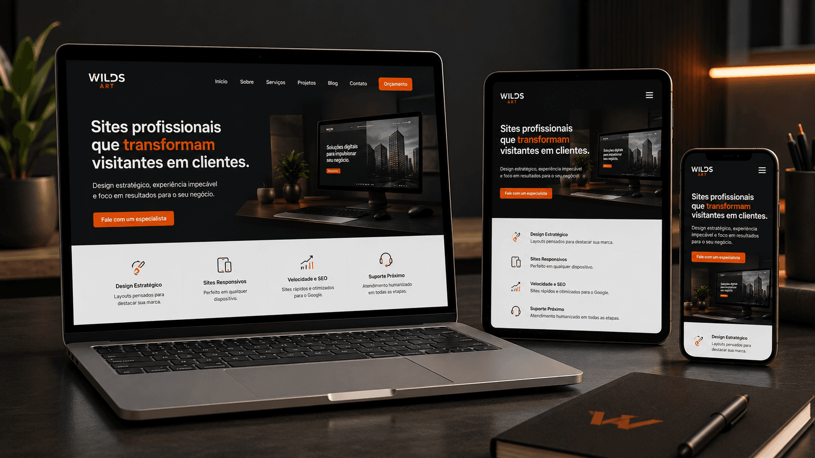 Site profissional responsivo exibido em notebook, tablet e smartphone.