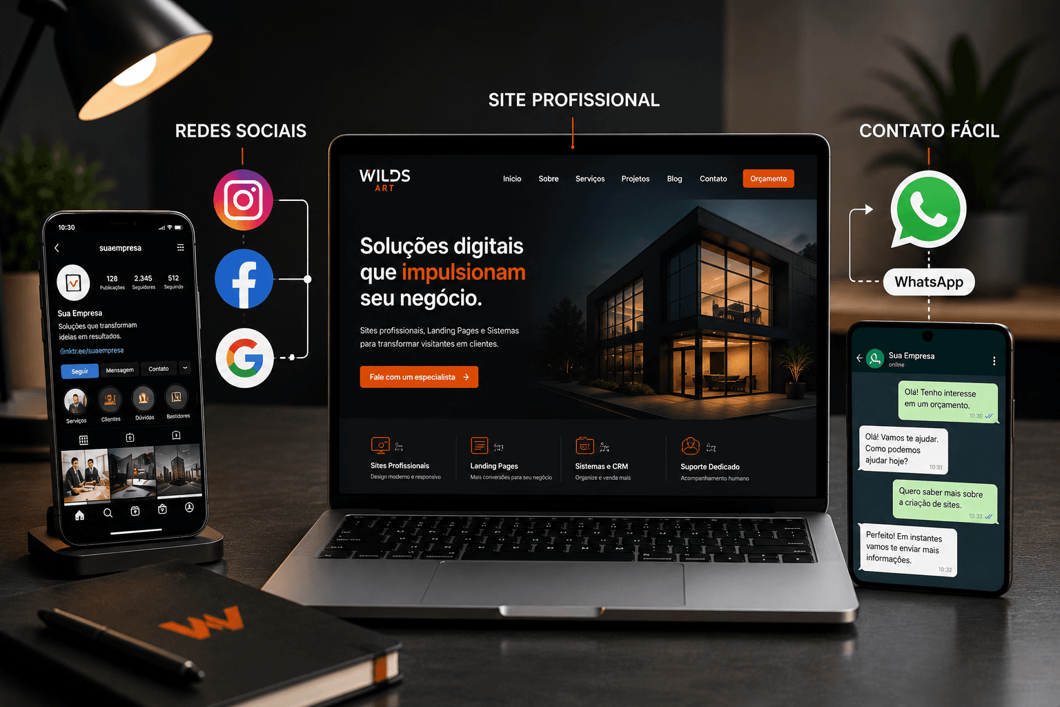 Site profissional integrado às redes sociais e ao atendimento pelo WhatsApp.