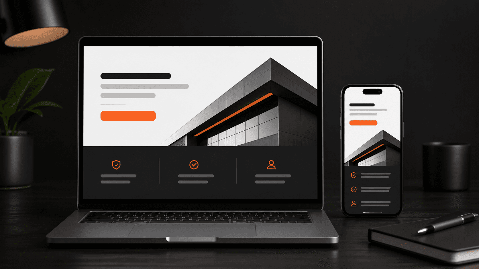 A mesma Landing Page profissional adaptada para notebook e smartphone.
