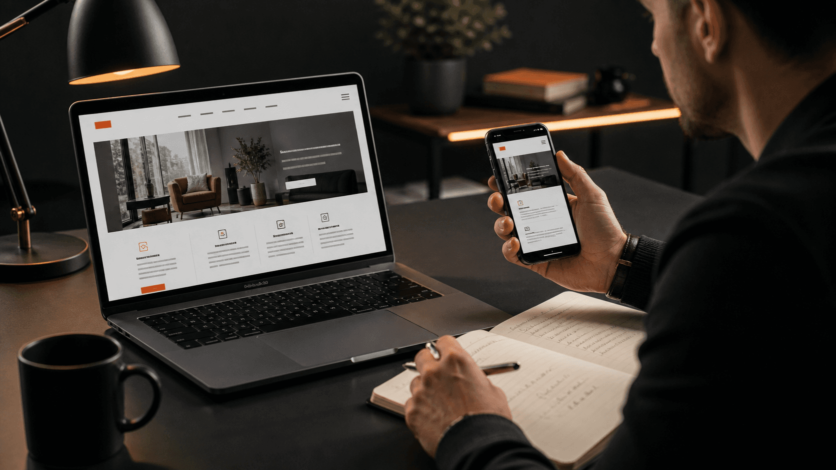 Profissional avaliando a experiência, desempenho e versão mobile de um site empresarial.