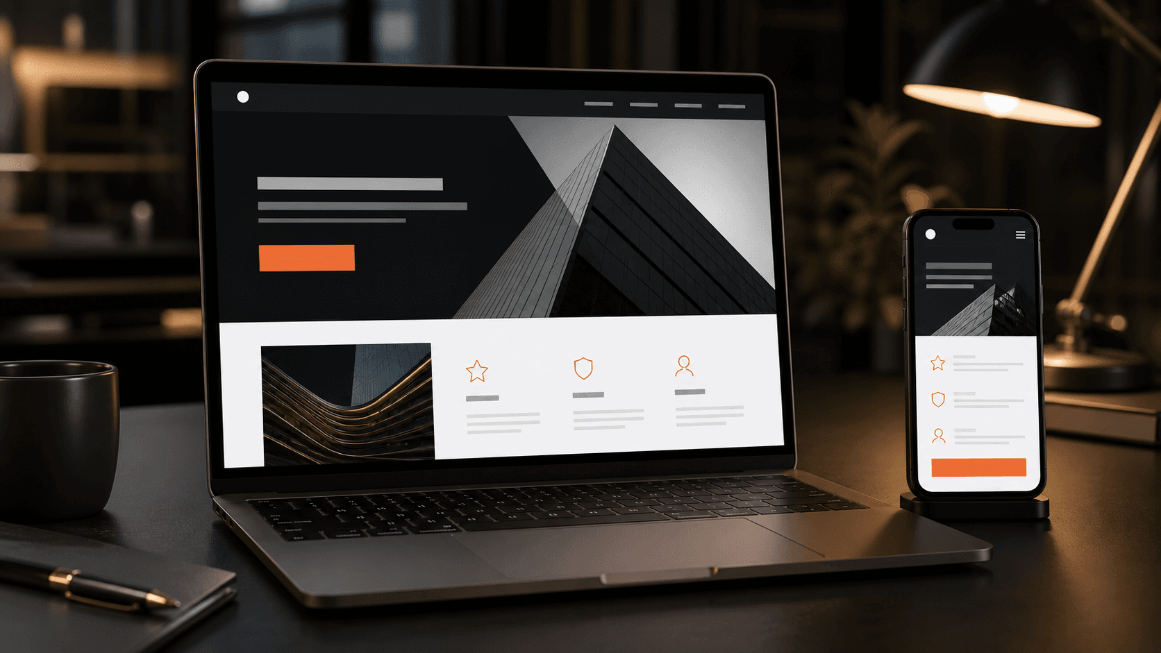Site empresarial com hierarquia visual clara e chamada para contato em destaque.