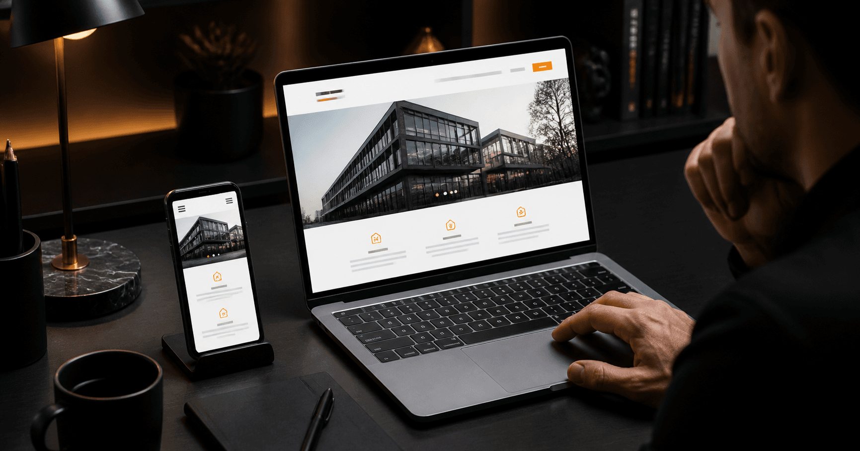 Profissional avaliando um site empresarial em notebook e smartphone.
