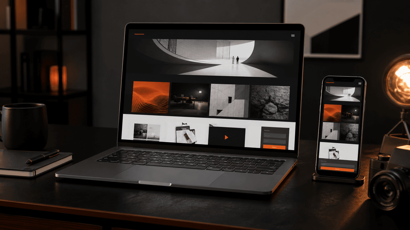 Site empresarial profissional exibido em notebook e smartphone.